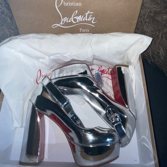 Christian Louboutin Shoes - Christian Louboutin Silver Movida Strap Patent Leather Platform Pumps Sz 38